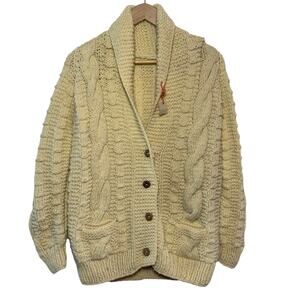 Off White Women's Shawl Collar Hand Knit Cable Knit Cardigan Sweater